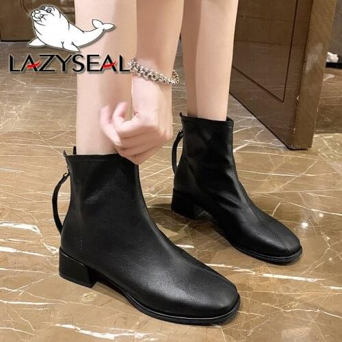 LazySeal Autumn Winter Ankle Boots Women 4cm Square Heels Classic Back Zipper Fashion Ankle Boots For Women Shoes Plus Size 43
