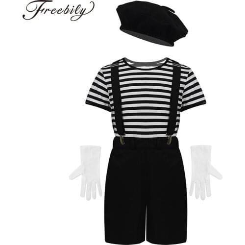 Kid Boys Girls French Mime Artist Fancy Dress Costume Unisex Striped T-Shirt Beret Gloves Suspenders Halloween Cosplay Outfit