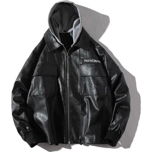 Korean Hooded Windbreaker Men Solid Streetwear Leather Jacket 2021 Couple Leather Motorcycle Jacket Hip Hop Harajuku