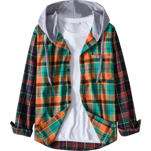 Mens Casual Plaid hooded Shirts Streetwear Casual Long sleeve Cardigan Autumn Oversized Single Breasted Tops Harajuku Clothing