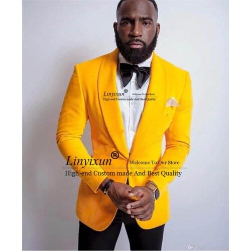 New Fashion Yellow Velvet Shawl Lapel Men Suits Slim Fit Prom Tuxedo Wedding Groom Terno Masculino Blazer 2 Pcs Jacket+Pant