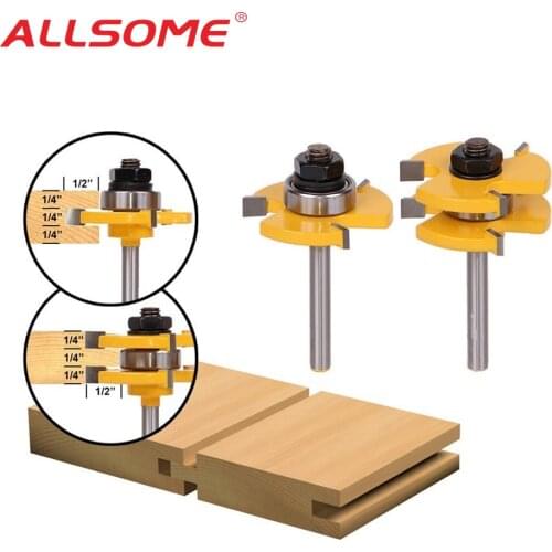 ALLSOME 2PC Tongue & Groove Router Bit Set 3/4" Stock 1/4" Shank 3 Teeth T-shape Wood Milling Cutter Flooring Wood Working Tools