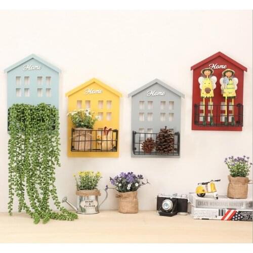 Wall Hanger Wooden Storage Baske House Shape Storage Box House Metal Flower Basket Garden Decor Mix Color