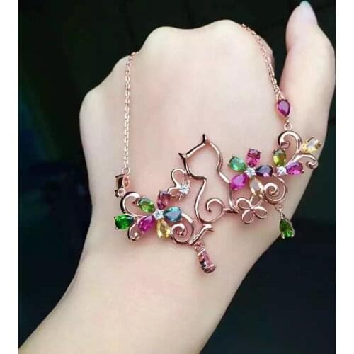 Natural multicolor tourmaline Necklace natural gemstone Pendant Necklace S925 silver trendy personality garden Cat women Jewelry