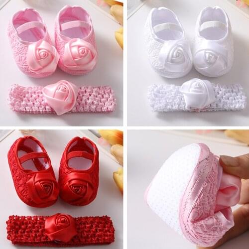Newborn Baby Shoes Baptism White Bowknot Baby Girl Lace Shoes Headband Set Toddler Prewalker Cute Baby Soft Shoes for 0-12M