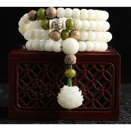 Original Design Natural White Bodhi Root Beads Bracelet 108 Lotus Mala for Women Yoga Meditation Balancing Jewelry Gift for Her