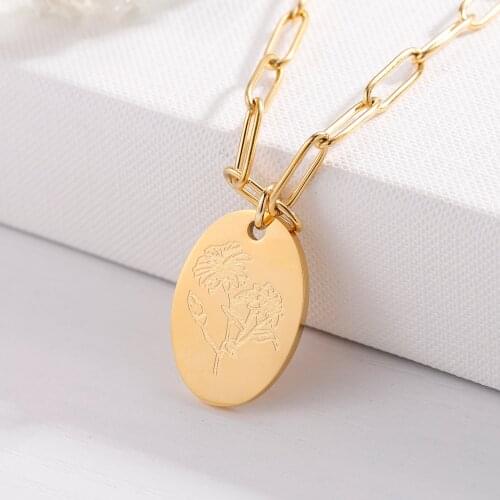 Personalized Birth Month Flower Necklace Custom Gold Disc Oval Pendant Stainless Steel Carved flower Pendant Women Jewelry Gift