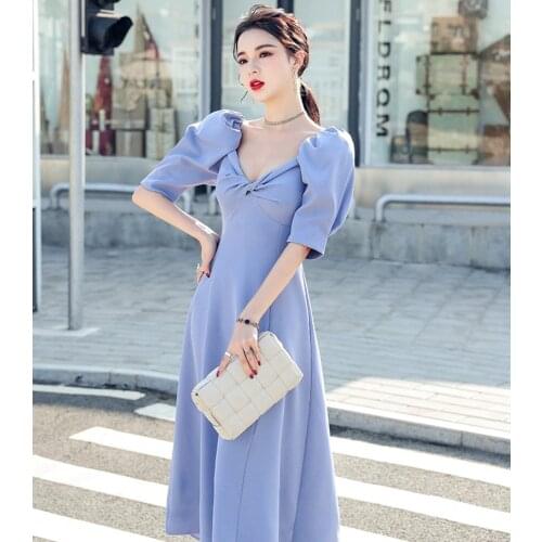 LLZACOOSH 2021 New Summer Womens Casual Solid Sexy V Neck Puff Sleeve Backless Slim A Line Office Wild Long Dresses