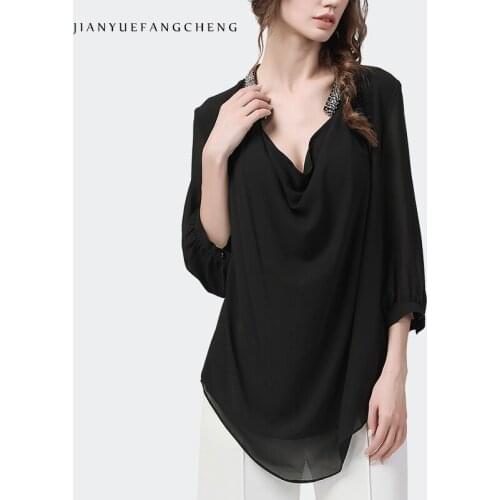 Luxury Diamond-encrusted Collar Black Chiffon Blouse Sexy Deep V-Neck Seven Sleeves Loose Plus Size Female Summer Casual Tops