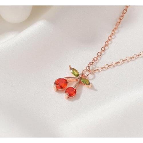 Sweet Little Cherry Necklace Crystal Zircon Fruit Cherry Necklace For Women Jewelry Clavicle Necklaces & Pendants Choker D29