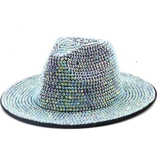 Ins Hot New Women Wide Brim Hanwork Imbue Diamond Wool Felt Shows Fedora Hat British Jazz Vintage Luxury Fedora Hat