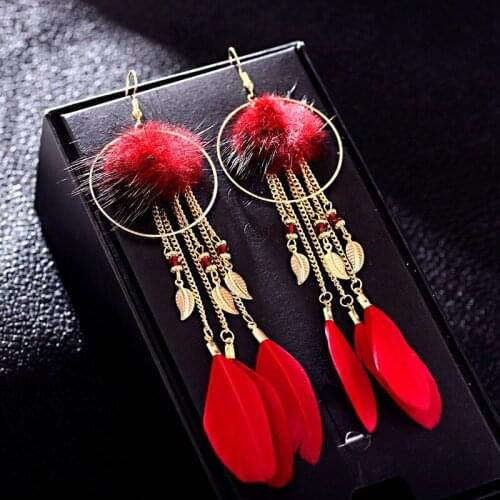 2019 Fashion Women Gold Chain&Leaf Long Tassel Dangle Earrings Summer Red Feather Earrings Pom Pom Earrings
