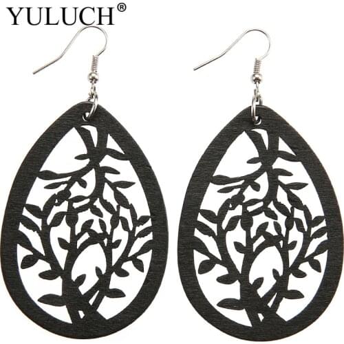 YULUCH Natural Wood Leaf Earrings for Women Drop Retro Earrings Trendy Hollow Design Jewelry For Party Gift BIG SIZE Earrings