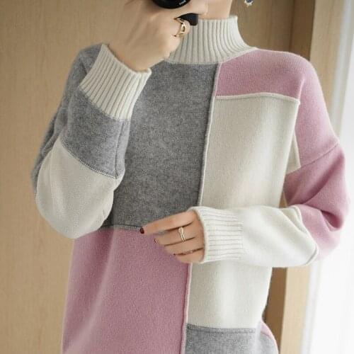 20 20 Autumn and winter half high neck cashmere sweater ladies knitted long-sleeved loose casual 100% wool sweater new pullover