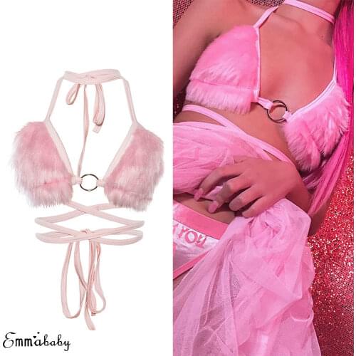 Brand New Sexy Women Fur Bras Pink Color Ladies Crop Top Ladies Underwear