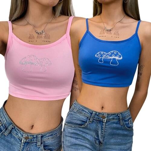 Womens Sexy Crop Cami Tops, Sleeveless Spaghetti Strap Rhinestone Mushroom Pattern Camisole