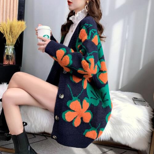 Flower Printing Knitted Women Sweater Cardigans Single Breasted Long Sleeve Cardigans Korean Style Loose Sweater Tops X328
