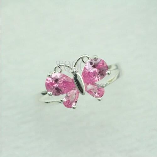 Beautiful Pink Crystal Stone Butterfly Couple 7-8-9 Ring Ladies 925 Sterling Silver Ring Fashion Jewelry # 182
