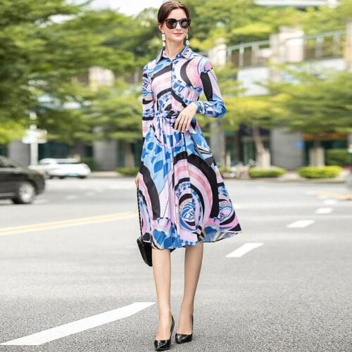 Women Dress Autumn 2020 New Turn Down Collar Long Sleeved Slim A-Line Fashion Printed Elegant Woman Clothes Mid-Calf Length S-XL
