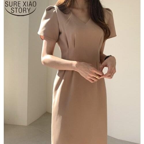 Vintage Midi Long Dress Women Temperament Korean Summer Dress V-neck Pleated Short Sleeve Dresses Woman Chic Vestidos 14499