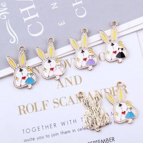 10pcs Girls Alice Rabbit Clock Enamel Charms 16*28mm Animals Alloy Pendants Floatings Bracelets DIY Jewelry Accessories YZ486