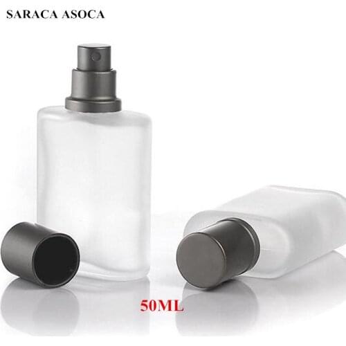 50ml Silver Gray Cap Flat Style Frosted Semi Clear Glass Spray Perfume Bottle Glass Automizer Refillable Bottles Big Capacity