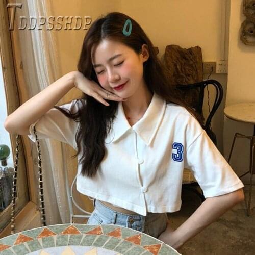 2020 Short Sleeve Expose Navel Women T Shirt Lapel Summer Female Tee Shirts