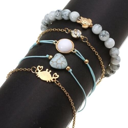 5Pcs/Set Bohemian Heart Shape Sea Turtle Crab Metal Bangle Weave Rope Bead Bracelet Set Charms Jewelry Birthday Gifts For Women