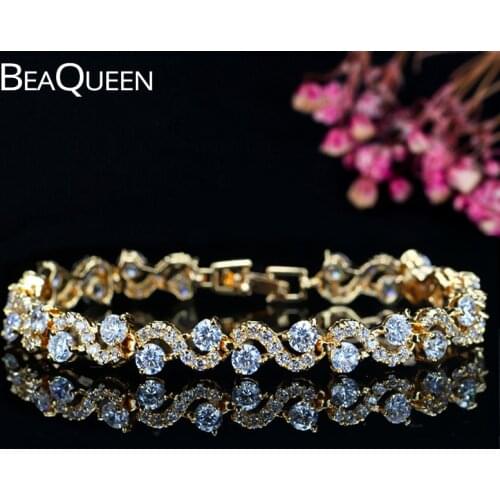 BeaQueen Brand New Lovely Crystal Tennis Bracelet Yellow Gold Color Cubic Zirconia Bridal Wedding Jewelry for Women B050