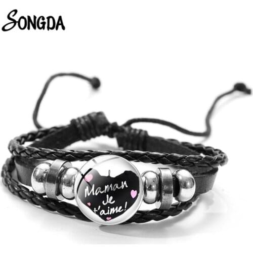 Je T'aime Maman Papa Art French Printed Bracelet Family Gift Love Mom & Dad Cute Pattern Glass Cabochon Braided Leather Bracelet