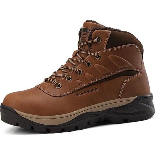 Brand Genuine Leather Warm Waterproof Hiking Boots Winter Plush Working Boots Mens Black Winter Snow Boots Sneakers Hiking Shoes