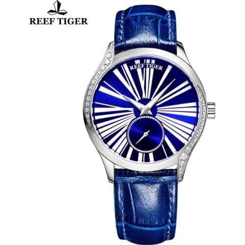 Reef Tiger/RT Luxury Ultra Thin Ladies Watch Blue Dial Leather Strap Automatic Mechanical Watch Ladies Gifts Relogio Feminino