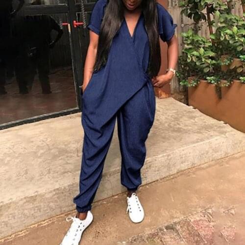 Women Short Sleeve V-neck Rompers Cotton Linen Jumpsuit Loose Preppy Style Pants Casual Pocket Harem Pants Overalls Playsuits