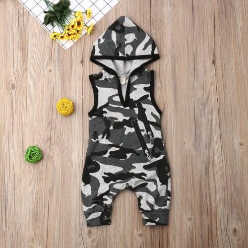 2020 New Summer Baby Boys Sleeveless Clothes Camo Hooded Toddler Romper Jumpsuit Outfits 0-24M