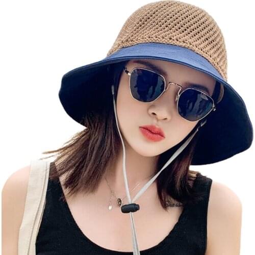 Women Mesh Top Sun Visor Beach Hat Split Wide Brim Bowknot Sunscreen Bucket Cap