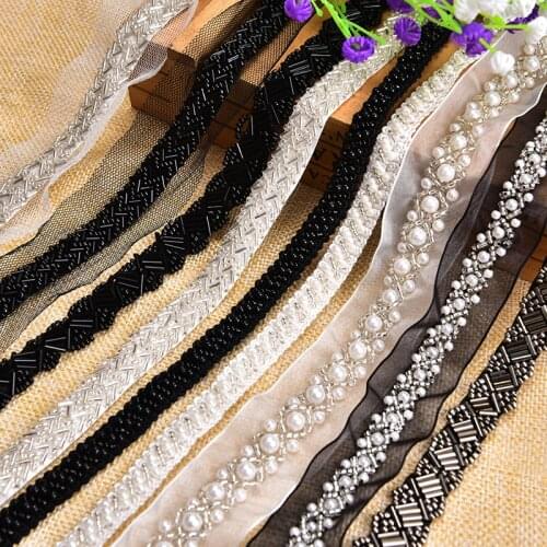 Pearl Beaded Lace Trimming Black White Fabric 1 Yard/Lot Craft Sew On Applique Mesh Ribbon Wedding Decoration Diy Accessories