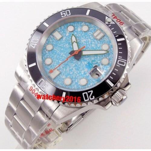 40mm Japan NH35 Movement Sapphire Mens Automatic Watch Cyan-Blue Dial 904L Oyster Bracelet Glide Lock Date Cyclops Green Lume