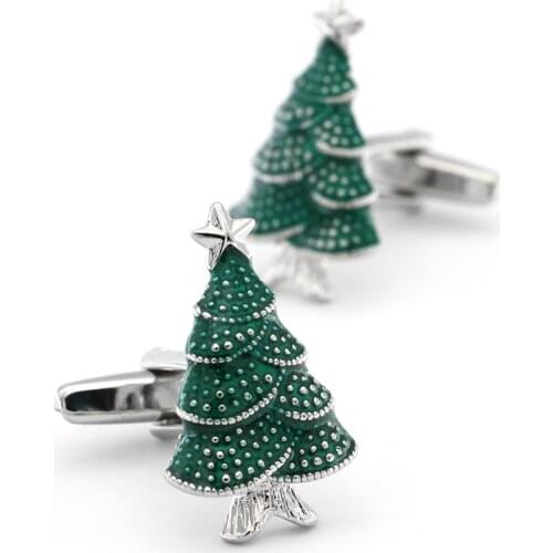 Mens Christmas Tree Cufflinks Quality Brass Material Green Color X-mas Design Cuff Links Wholesale & Retail