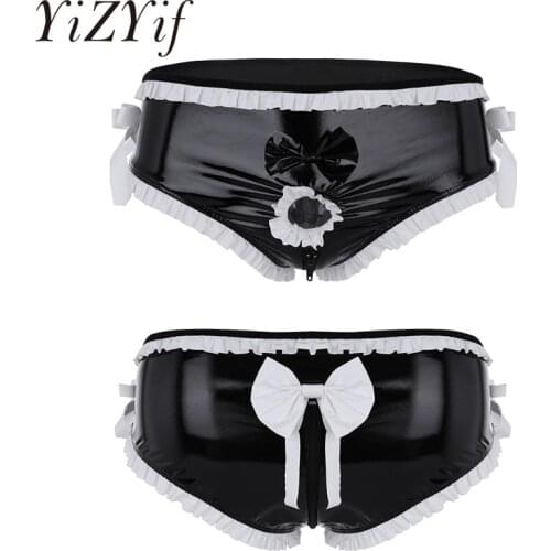 YiZYiF Men Lingerie Shiny Faux Leather Open Front Underwear Bikini Penis ring Zipper Crotch Sissy Underpants Mens Leather Boxer