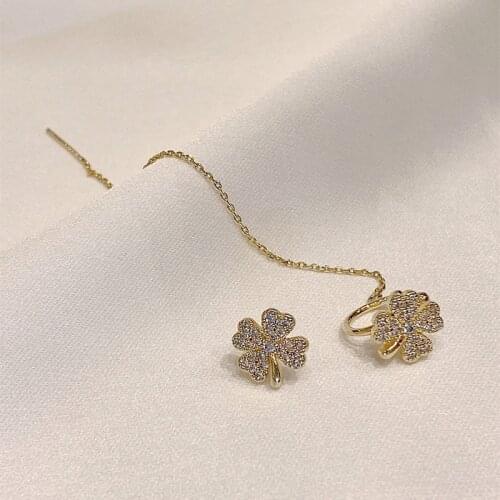 2021 New asymmetric Korean Rhinestone clover Earrings Ear Hanging Clip Earrings for Women Ear Cuff Wedding Jewelry