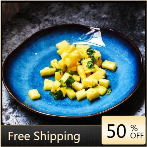 Flat Blue Flower Dinner Plates European Style Fruit Tray Breakfast Food Salad Dessert Pasta Plate Microwave Platos Home HX50DP