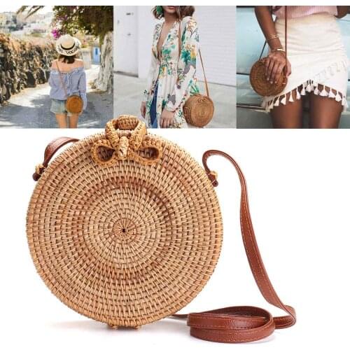 Bohemia Style Beach Circle Bag Hand Woven Bag Round Rattan Straw Handbag Gift