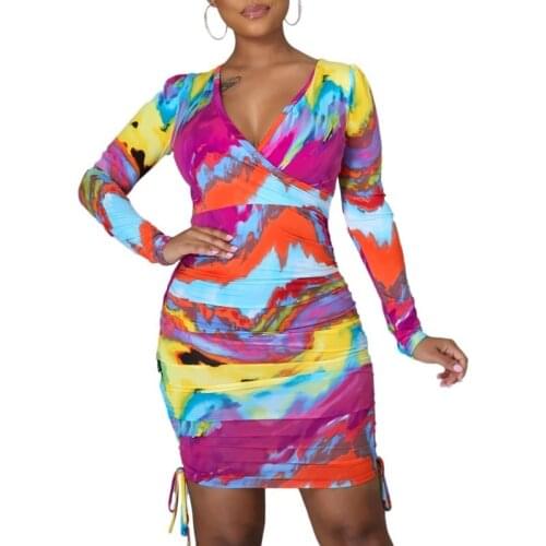 Spring Summer Women Long Sleeve Fashion Print Slim Bodycon Bandage Dress V Neck Package Hip Sexy Club Party Dresses Vestidos