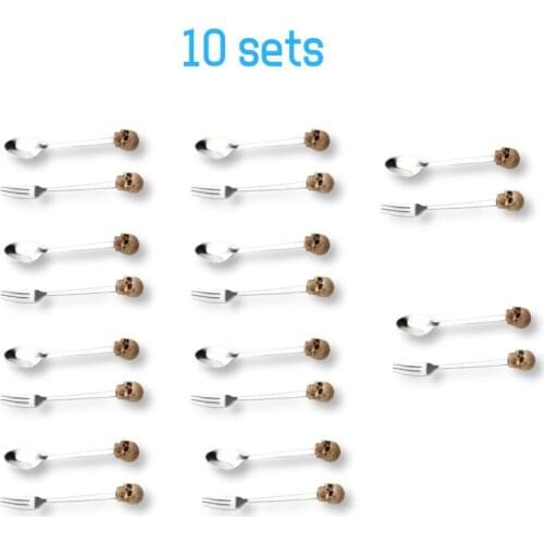 Skull Pattern Cutlery 304 Stainless Steel Teaspoons Dinner Spoon Fork Resin Skull Head 10 Sets For Coffee Tea Dessert