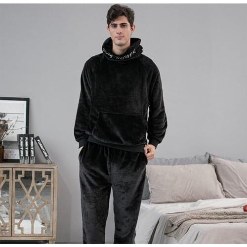 Oversize Loose Pajamas for Men Two Piece Suit Flannel Homewear Casual Hooded Winter Home Clothes Thick Plus Velvet Man Sleepwear