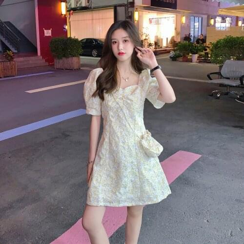 Vintage Square Collar Mini Dresses for Women Short Puff Sleeve Sweet Floral Printed Bow One Piece Dress Korean Beach Elegant New