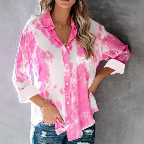 Fashion Autumn Women Oversize Womens T-shirt Long Sleeve Turn Down Collar Pocket Tie Dye Office Shirt Blouse