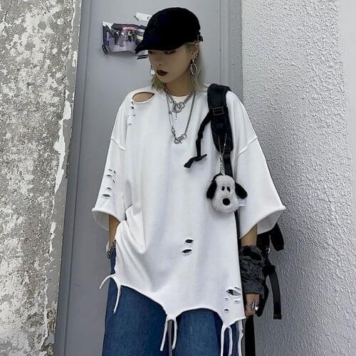 Irregular hole womens T-shirt solid color short-sleeved BF cool girl Harajuku style Gothic wild t-shirt loose casual top trend