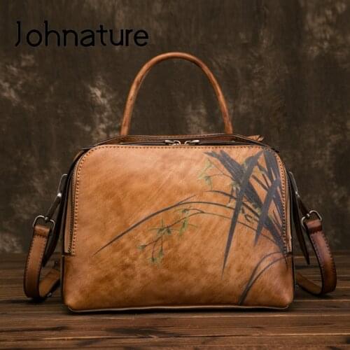 Johnature 2020 New Genuine Leather Retro Floral Handbags Women Bag Leisure Cowhide Handmade Zipper Shoulder & Crossbody Bags