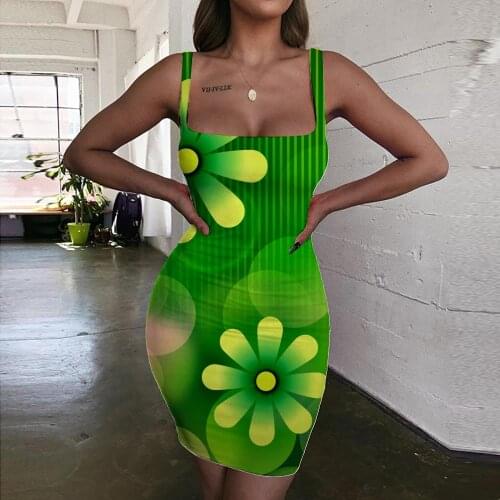 KYKU Brand Flower Dresses Women Green 3d Print Street Vestido Sexy Cute Halter Sleeveless Womens Clothing Club Beach